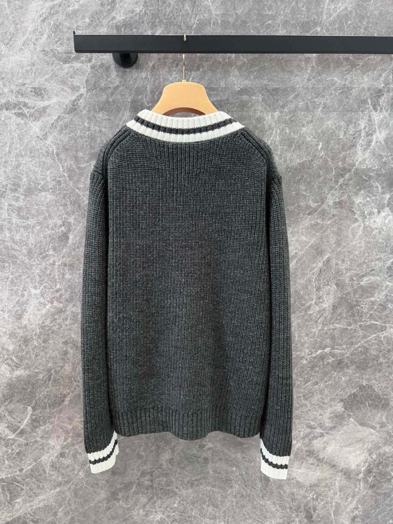 Miu Miu 24FW Collection Grey and White V-Neck Button-Up Wool-Blend Cardigan