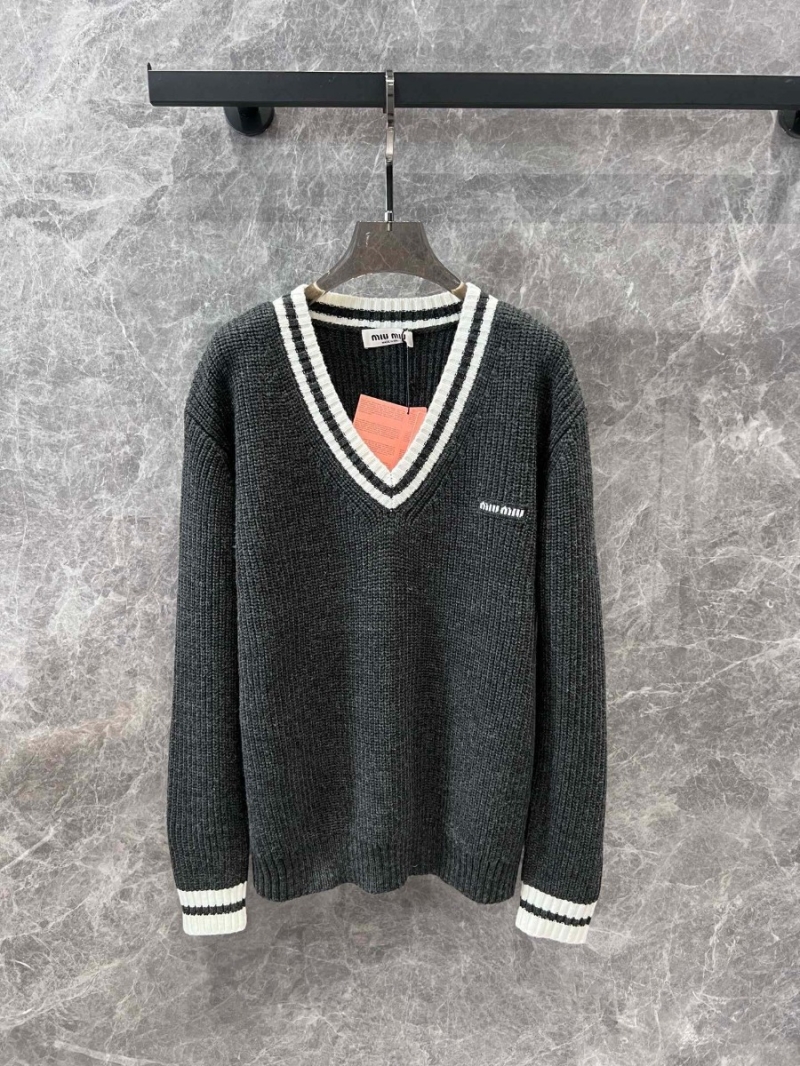 Miu Miu 24FW Collection V-Neck Knit Wool Sweater - Charcoal Grey