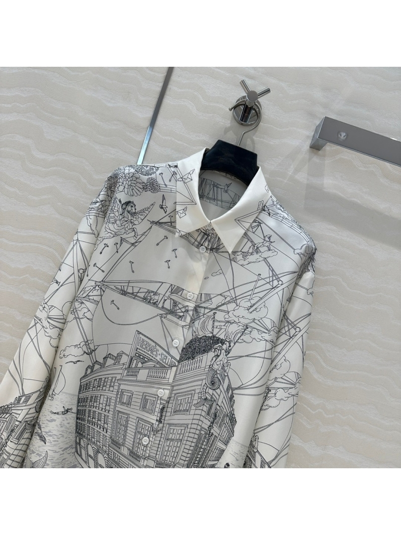 Hermès Cruise Party Silk Scarf-Print Shirt. White with Black Illustration Print.
