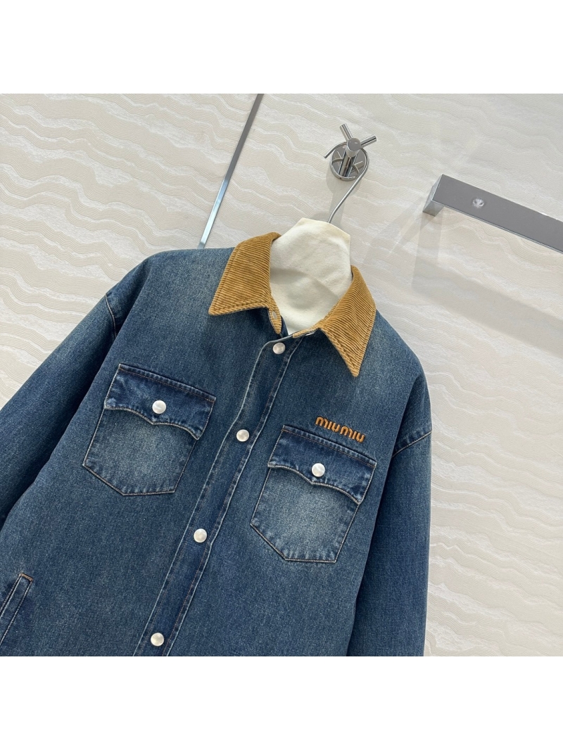 Miu Miu Boyfriend Style Corduroy-Collar Denim Jacket in Vintage Blue