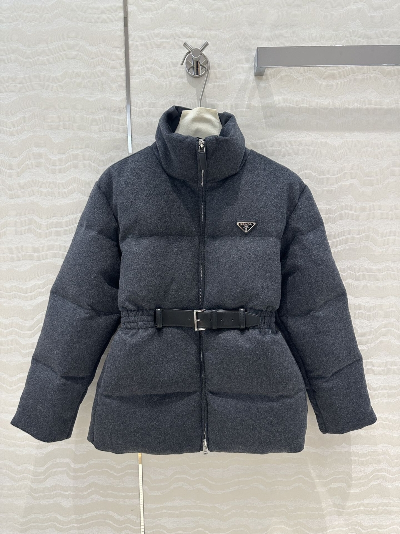 Prada High-Waist Belted Wool Puffer Jacket Elegant Gray