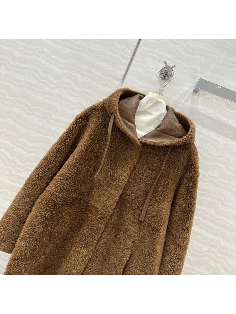 MaxMara Spanish Shearling Hooded Coat. Brown