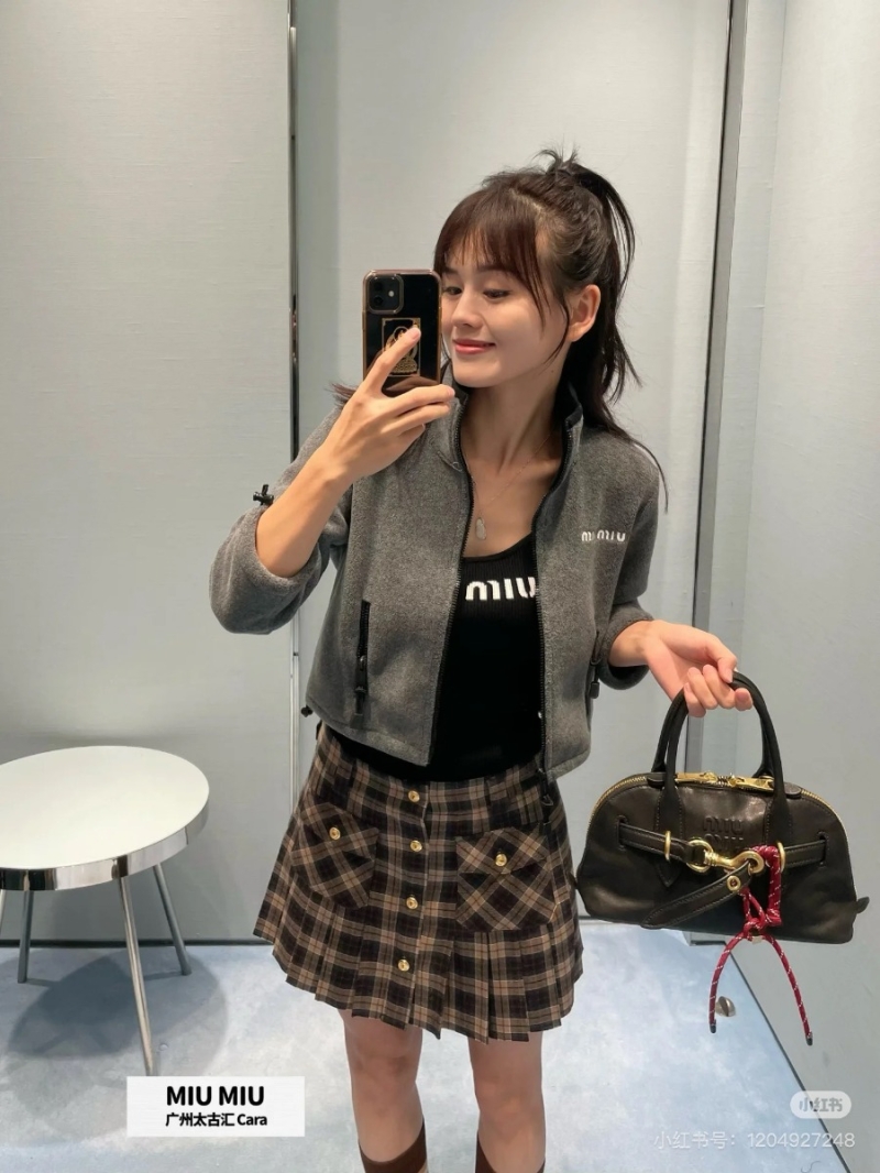 Miu Miu English Academy Style Plaid Pleated Mini Skirt