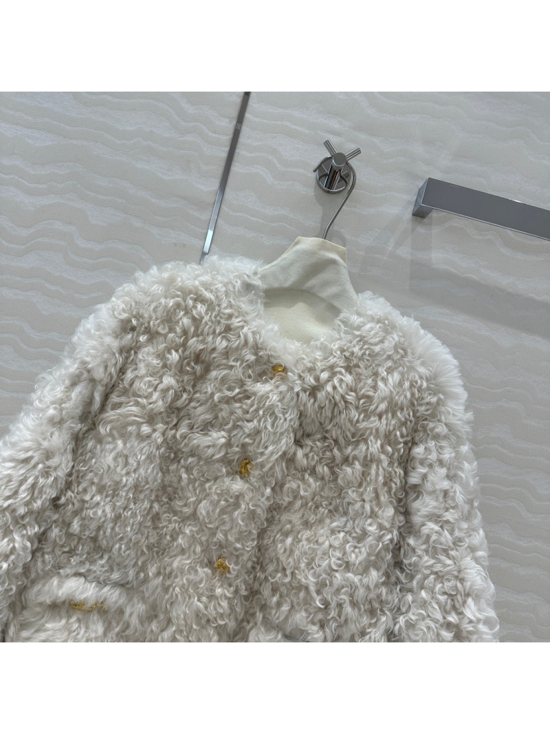 Celine Toscana Shearling Lamb Fur Jacket with Gold Accents – Cream