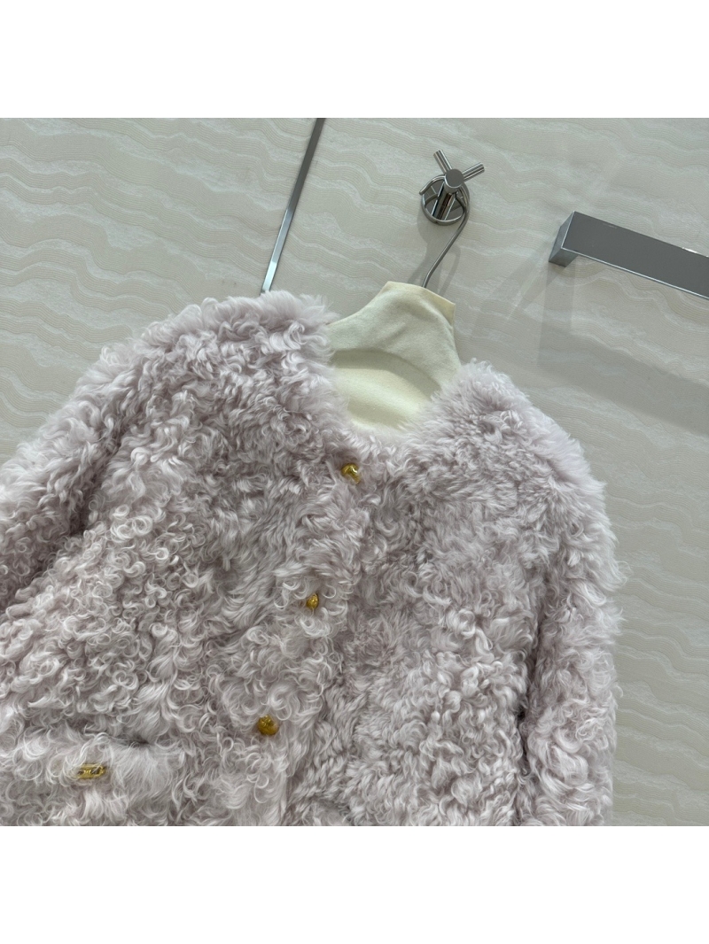 Celine Toscana Shearling Lamb Fur Jacket with Gold Accents – Light Gray