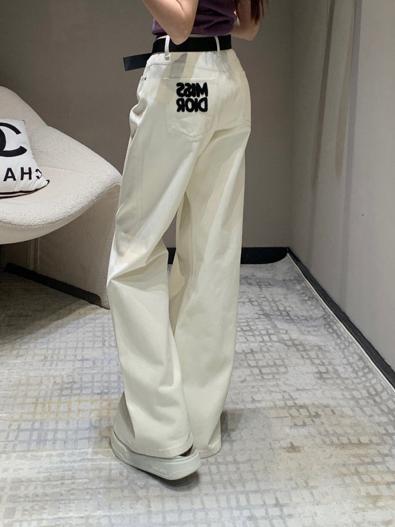 Dior 24 FW Early Autumn Collection Chic Embroidered Belt White Denim Pants - High Waist Straight Leg