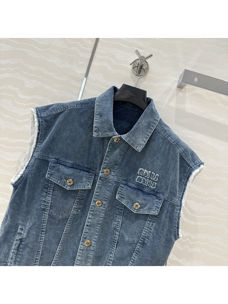 Miu Miu Retro Corduroy Denim Vest Jacket with Embroidered Logo - Vintage Blue