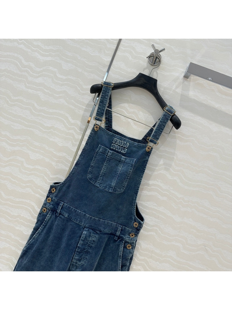 Miu Miu Retro Corduroy Washed Denim Overall Jumpsuit - Vintage Blue