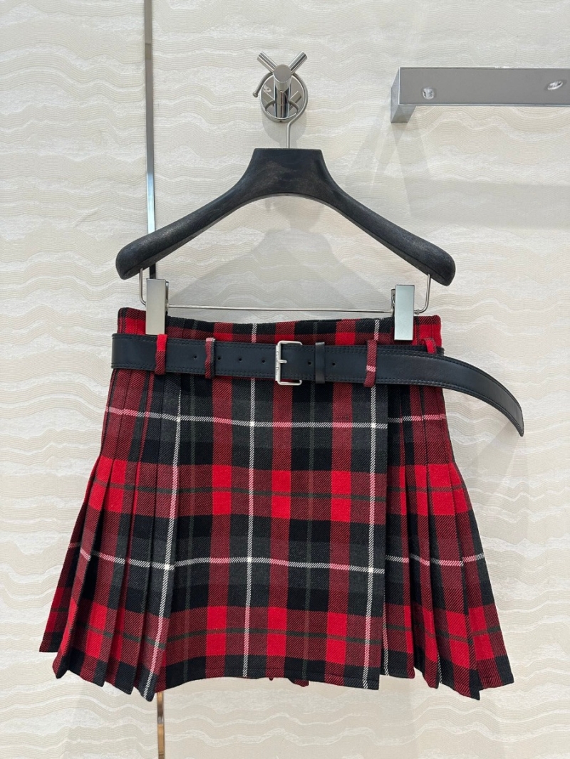Dior Miss Dior Collection Elegant Pleated Wool Mini Skirt with Leather Belt Red-black Plaid