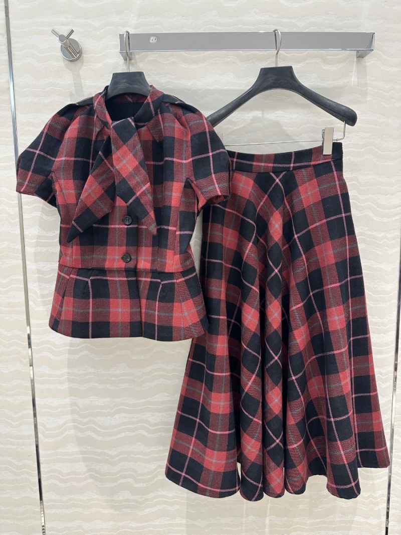 Dior Miss Dior Collection Elegant Wool A-Line Plaid Midi Skirt Red/Black Plaid
