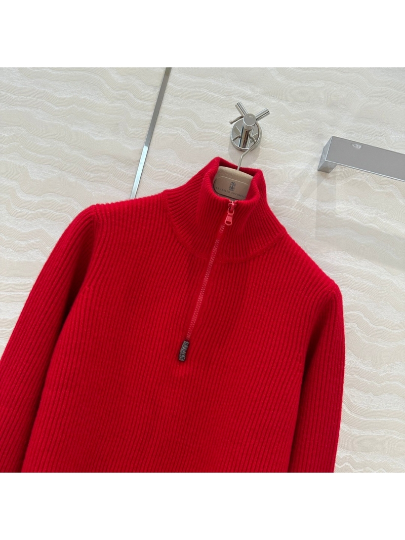 Brunello Cucinelli Capsule Collection Elegant Half-Zip High-Neck Cashmere Sweater Red