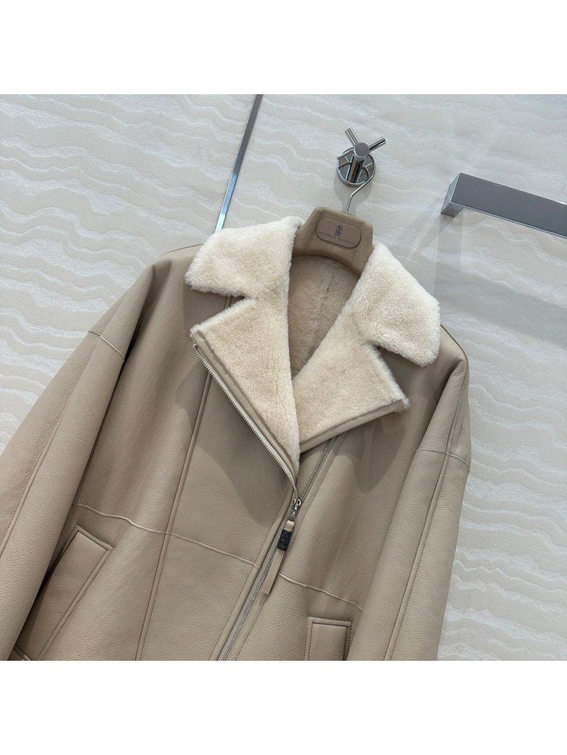 Brunello Cucinelli Winter Collection Classic Shearling Leather Jacket Beige