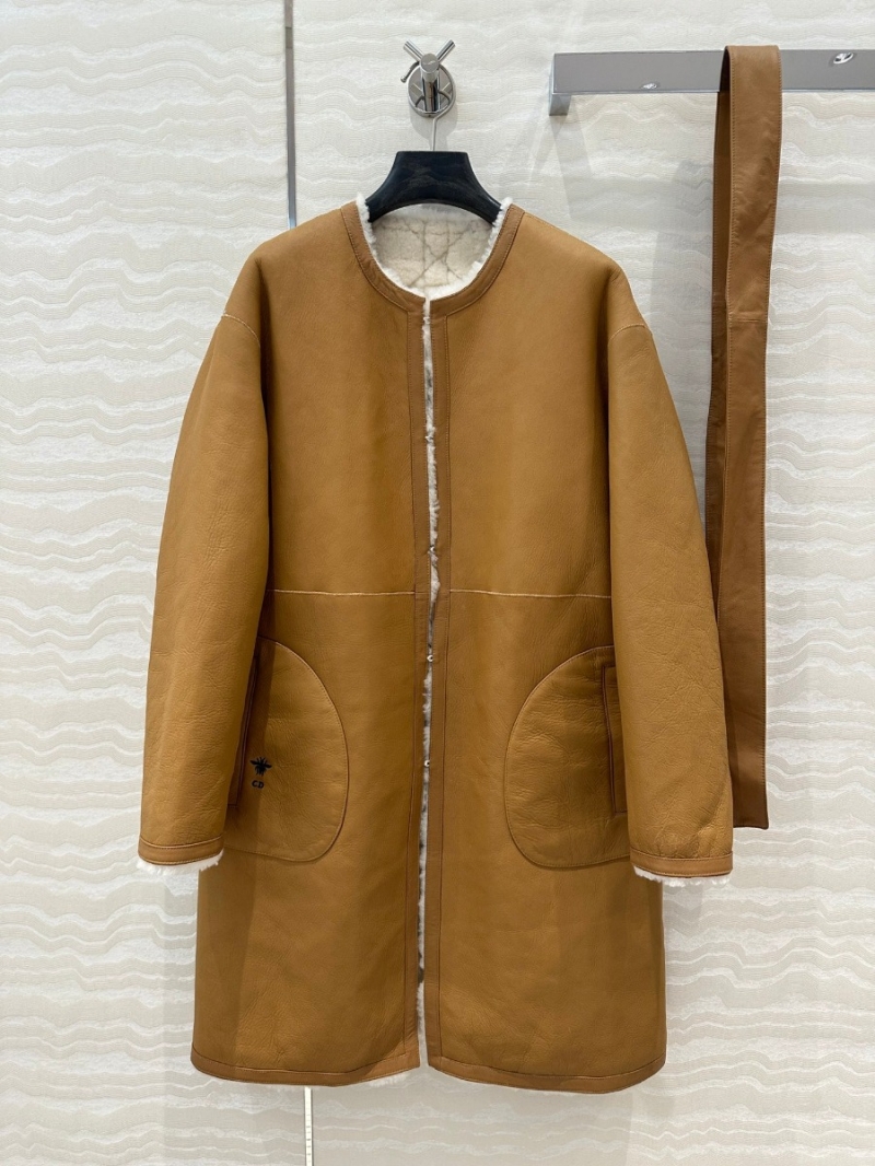Dior Miss Dior Luxurious Double-Sided Belted Reversible Coat in Shearling Cream and Camel