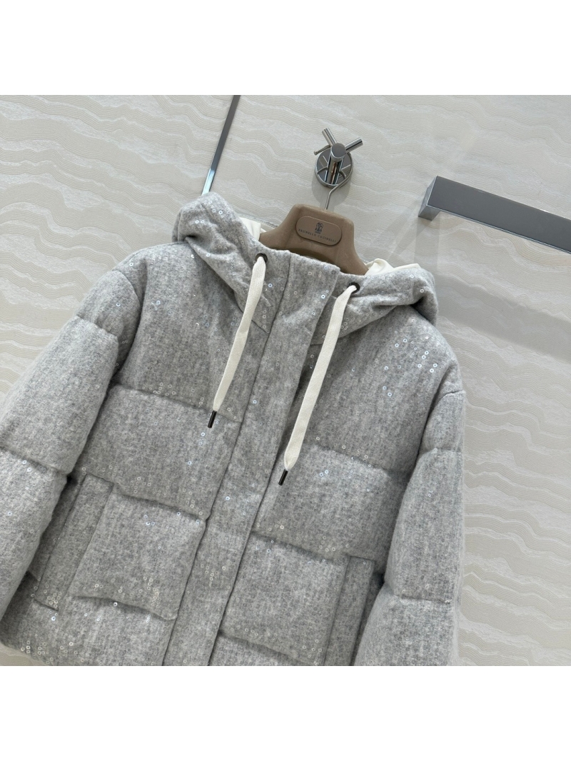 Brunello Cucinelli Luxury Collection Sparkling Embellished Cashmere Down Jacket. Beige