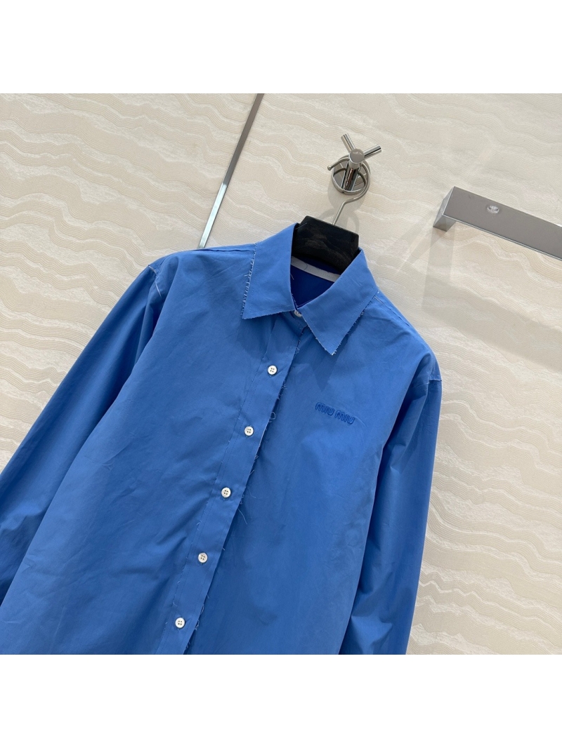 Miu Miu Rebellious Girl Distressed Faux Two-Piece Long Shirt in Classic School Blue