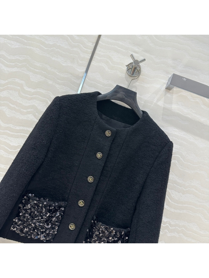 Valentino Wool Tweed Floral Embellished Pocket Jacket. Elegant Black