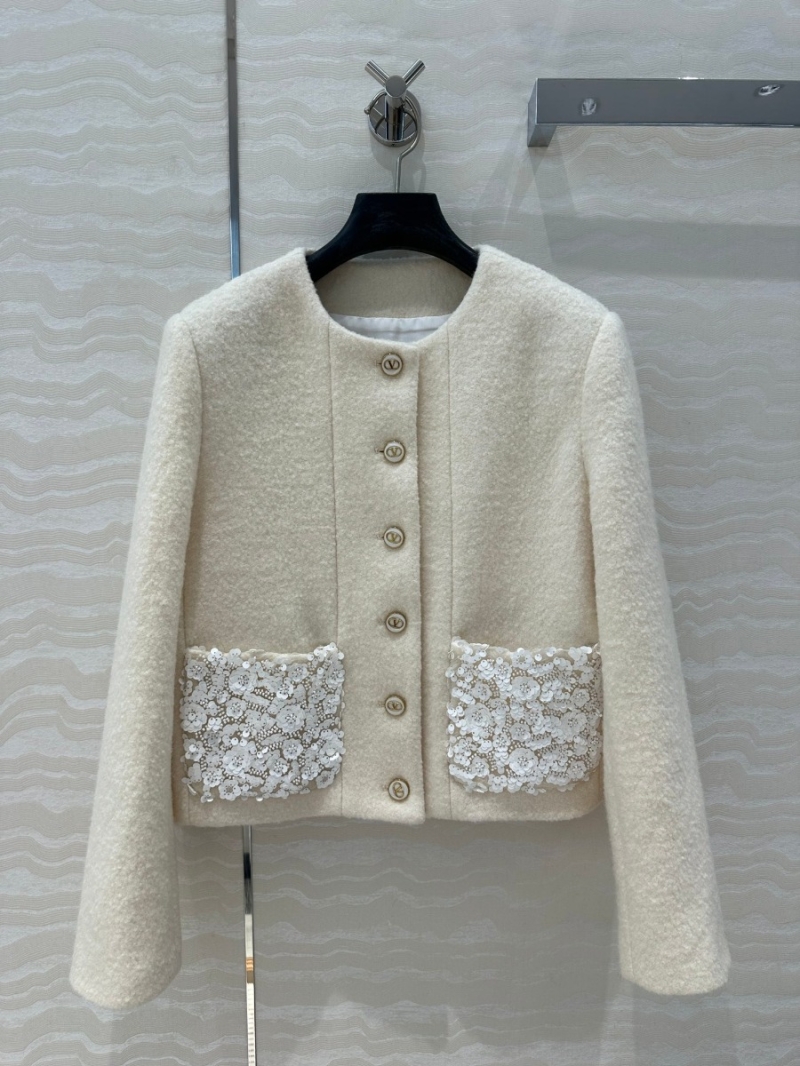 Valentino Wool Tweed Floral Embellished Pocket Jacket. Ivory White