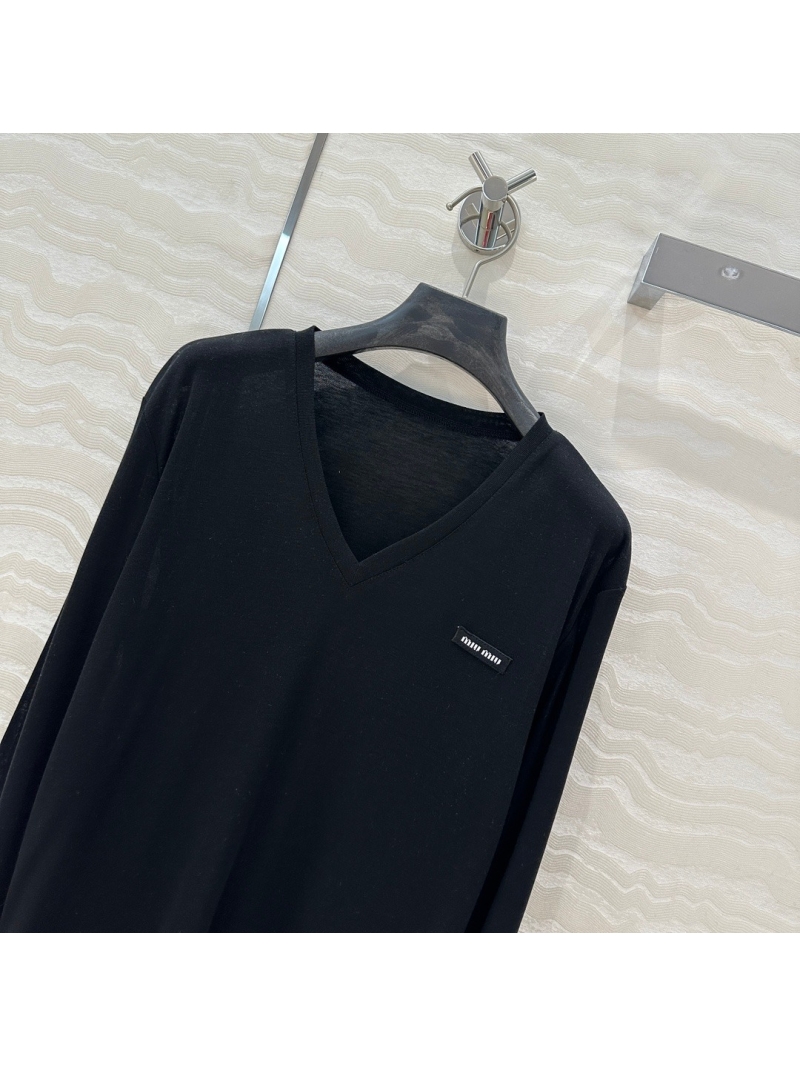 Miu Miu Tencel-Wool Blend V-Neck Base Layer Top - Classic Black