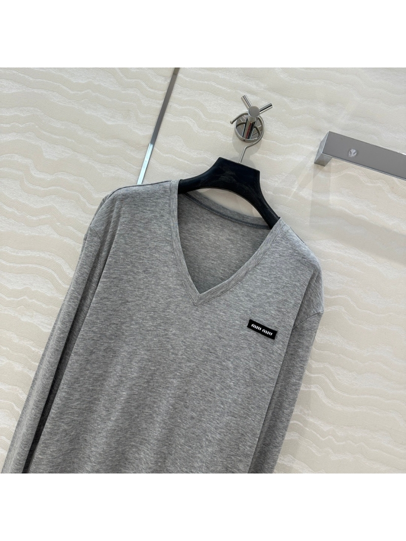 Miu Miu Tencel-Wool Blend V-Neck Base Layer Top - Light Gray