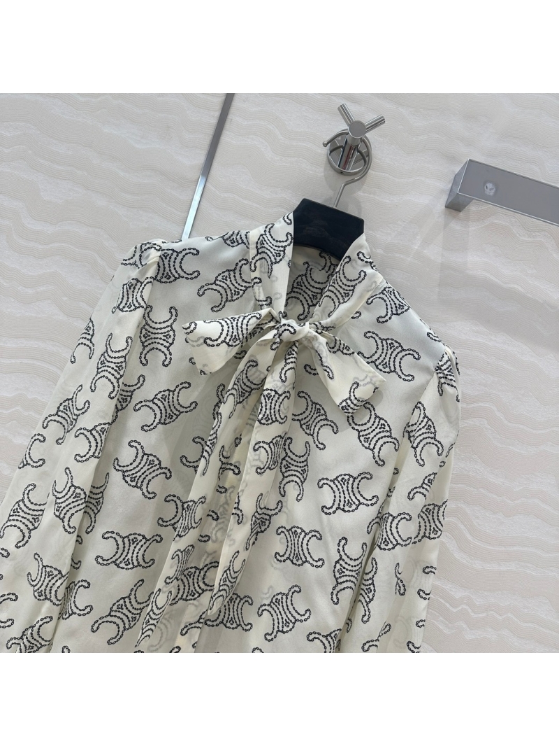 Celine Triomphe Print Silk Scarf-Collar Blouse