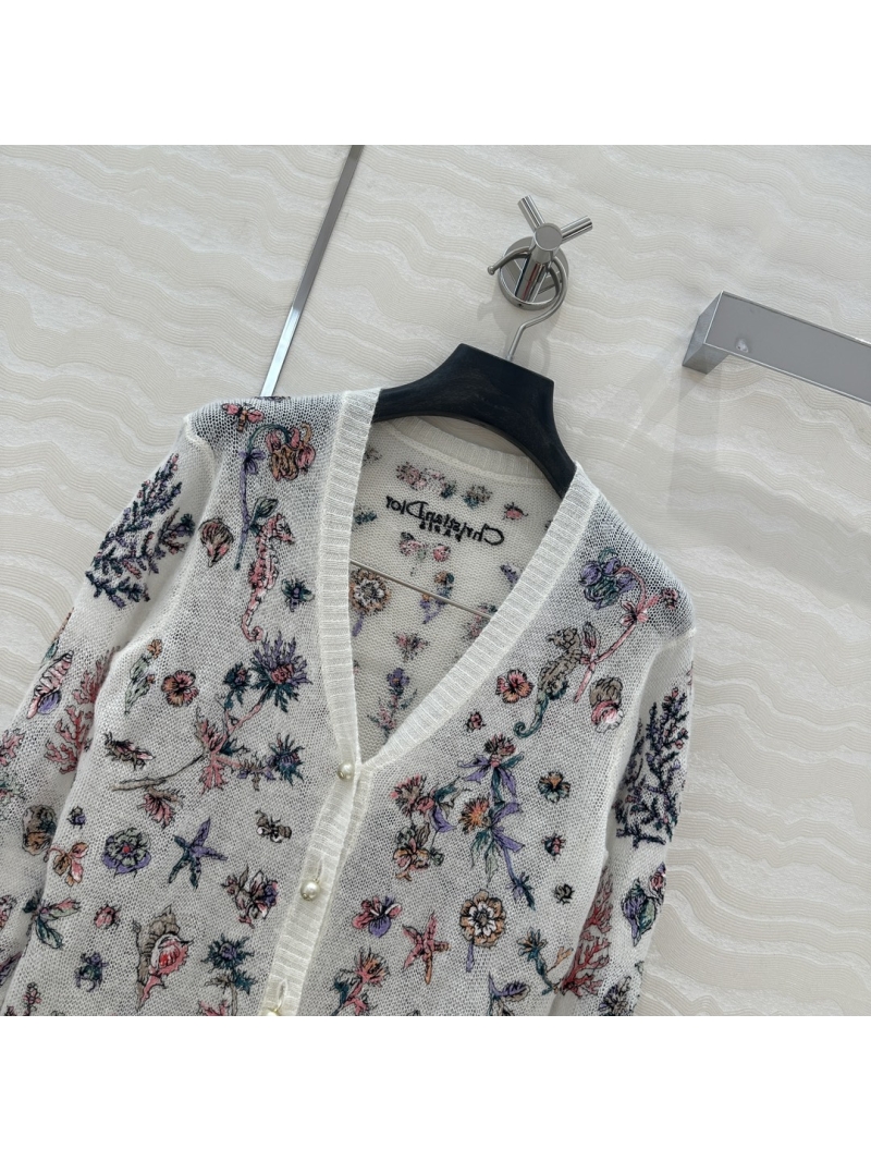 Dior Miss Dior Elegant Silk-Mohair V-Neck Cardigan with Pearl Buttons and Floral Embroidery