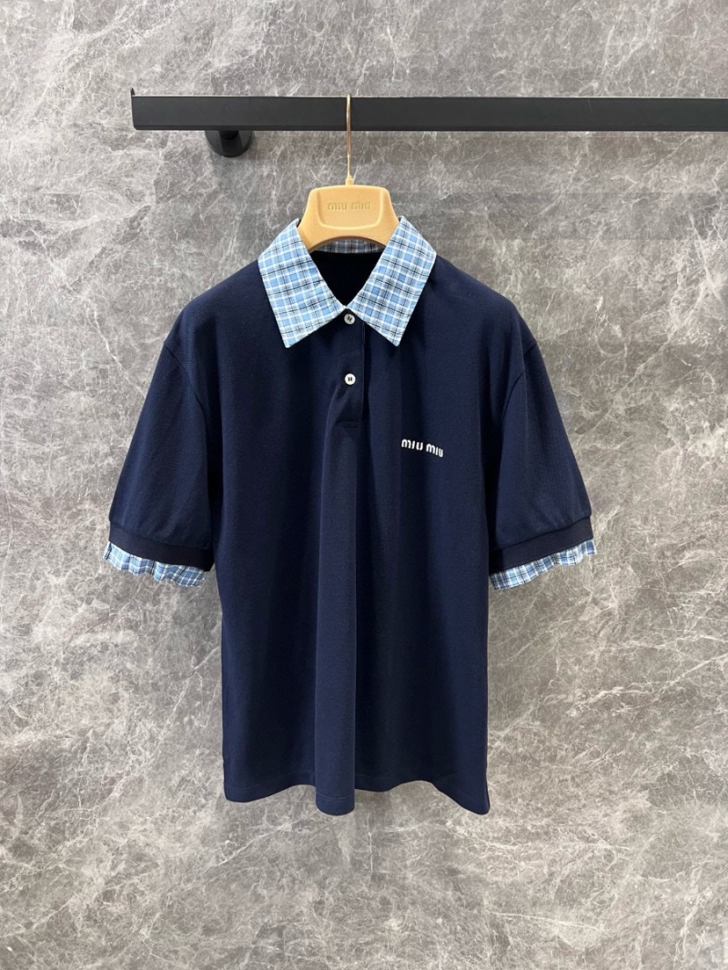 Miu Miu 25SS Collection Blue Plaid Contrast Collar Polo Shirt