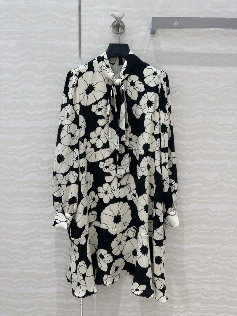 Celine Vintage French Elegance Silky Dress in Black & White Floral