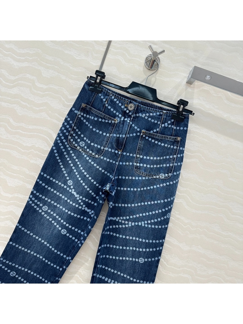 Chanel Coco Girl Elegant Pearl Chain Jeans Retro Wash. Deep-Blue
