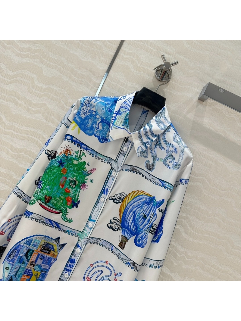 Hermes 25s Early Spring Vibrant Mirrored Horse Print Silk Shirt Dress. Blue & Green