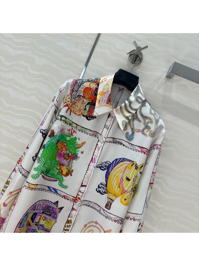 Hermes 25s Early Spring Vibrant Mirrored Horse Print Silk Shirt Dress. Pink & Yellow