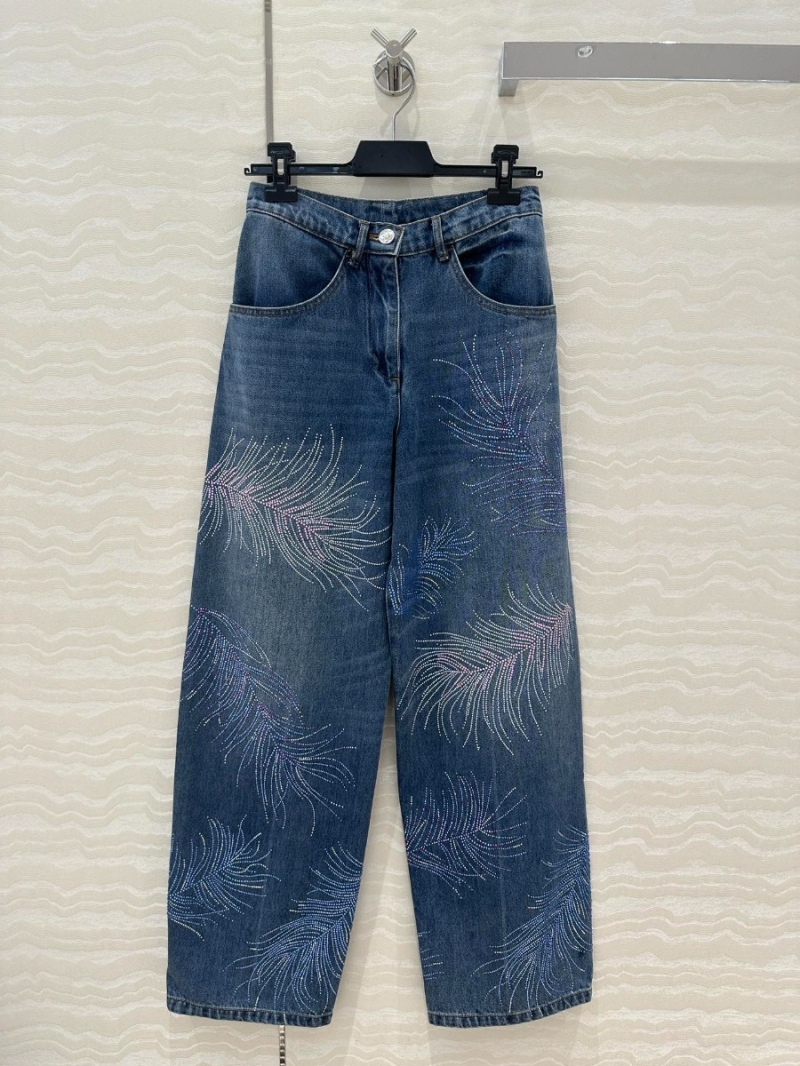 Chanel Coco Luxurious Feather-Embellished Jeans Blue Washed