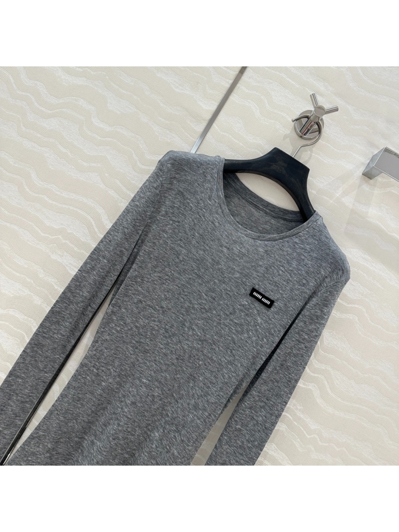 Miu Miu Spring Summer Sleek Lace-Trim Dress Grey Solid