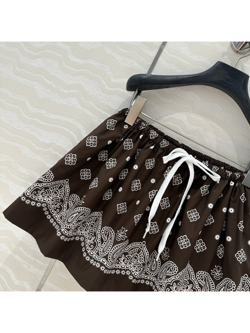 Miu Miu Coastal Chic Trendy Drawstring Mini Skirt Dark Brown with White Paisley Print