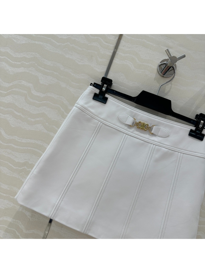 Celine Triomphe Sleek Leather Skirt White