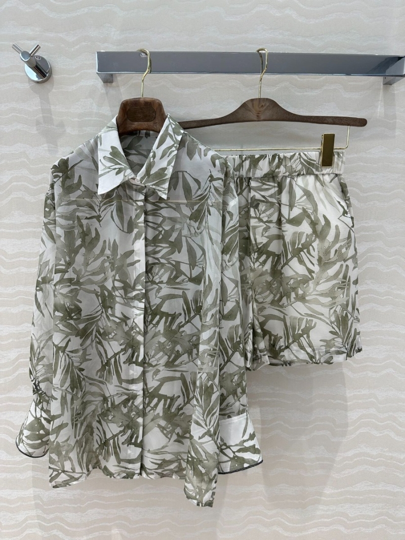 Brunello Cucinelli Resort Style Elegant Leaf Print Shorts White with Green