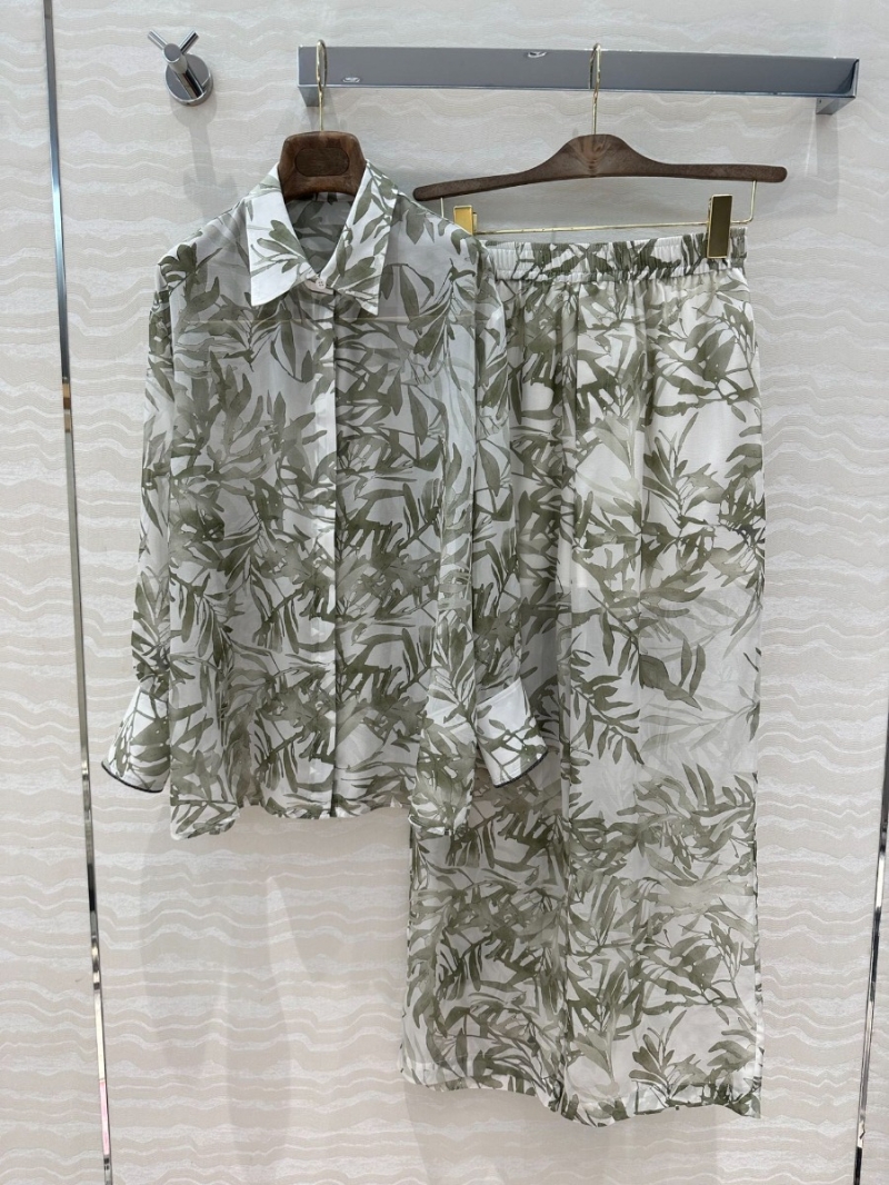 Brunello Cucinelli Resort Style Elegant Leaf Print Wide-Leg Pants White with Green