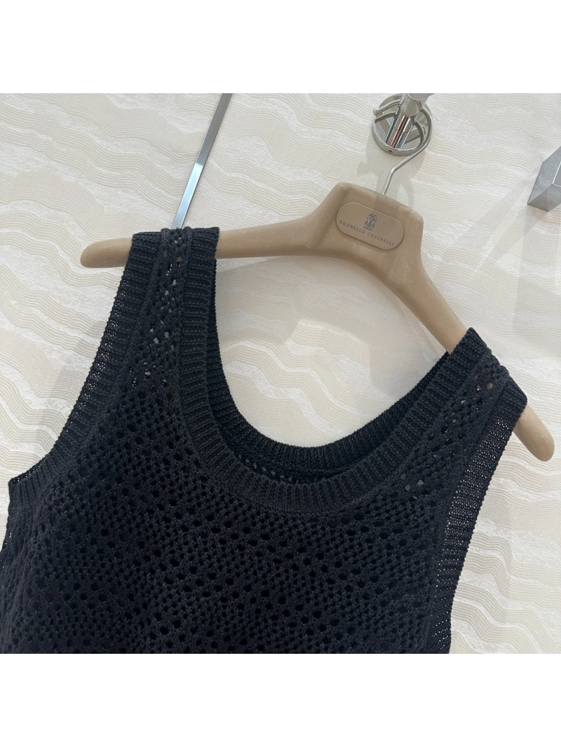 Brunello Cucinelli Luxe Knit Sophisticated Openwork Tank Beige. Black