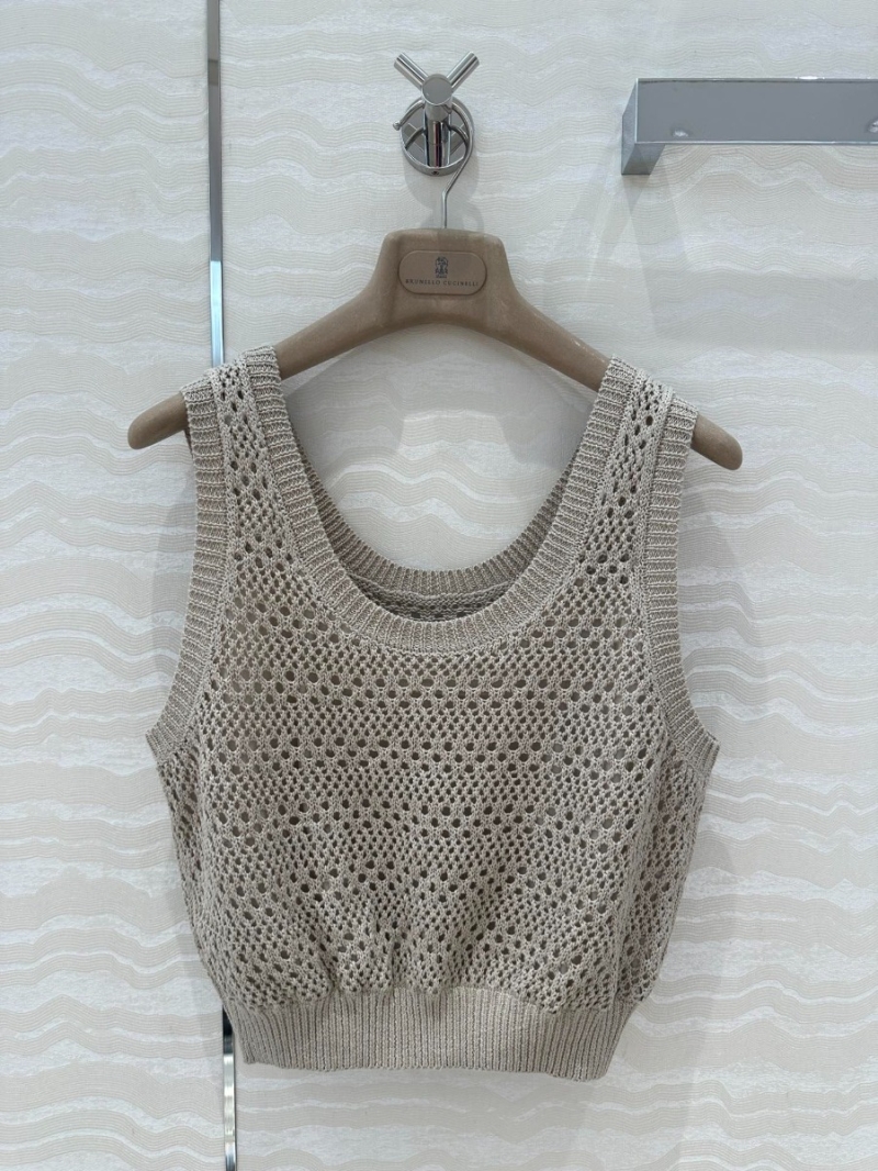 Brunello Cucinelli Luxe Knit Sophisticated Openwork Tank Beige. Beige