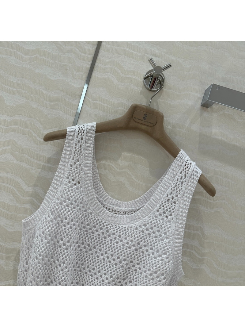 Brunello Cucinelli Luxe Knit Sophisticated Openwork Tank Beige. White