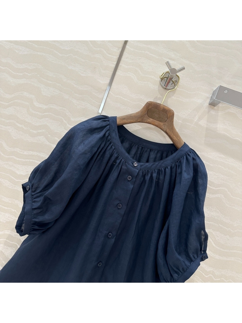 Loro Piana Imported Linen Elegant Bubble-Sleeve Shirt Navy