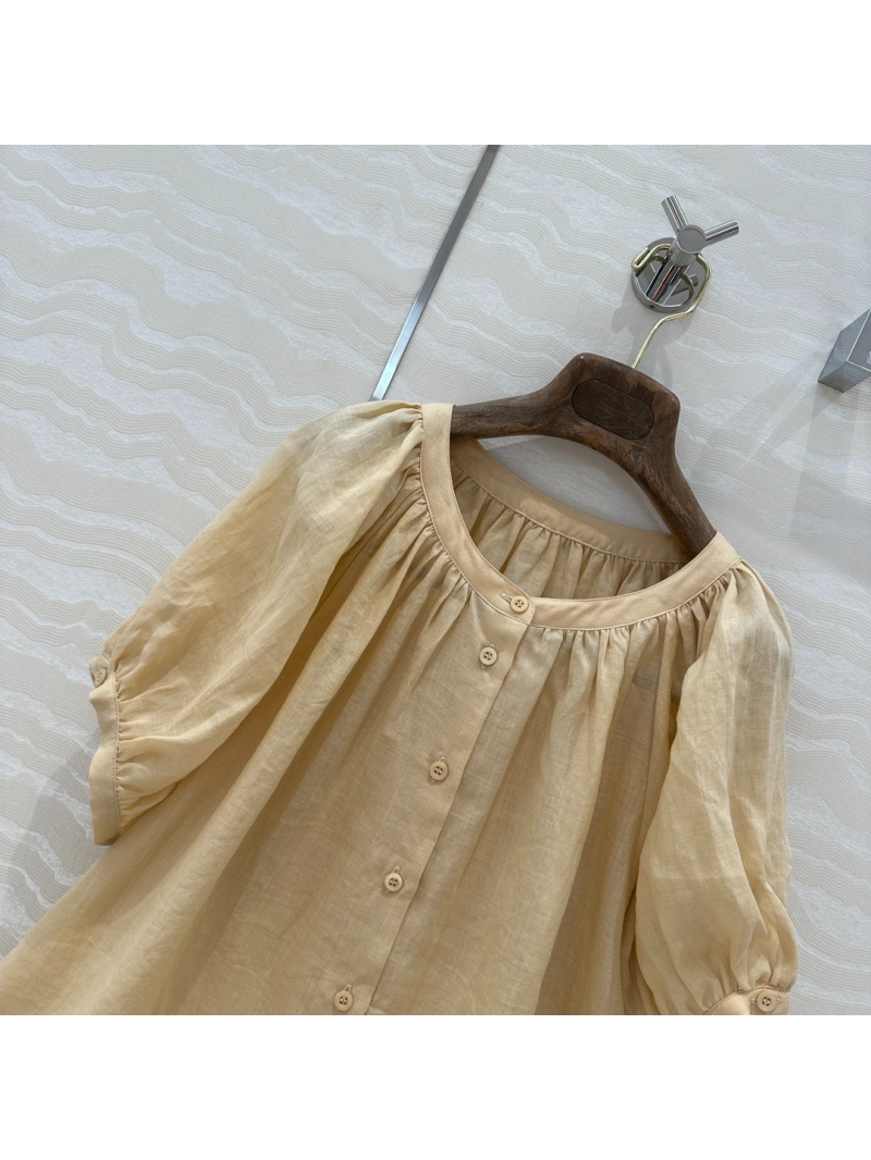 Loro Piana Imported Linen Elegant Bubble-Sleeve Shirt Beige