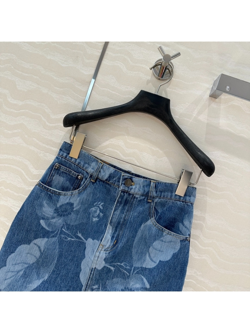 Fendi FF Floral Vine Retro Washed Denim Skirt Blue