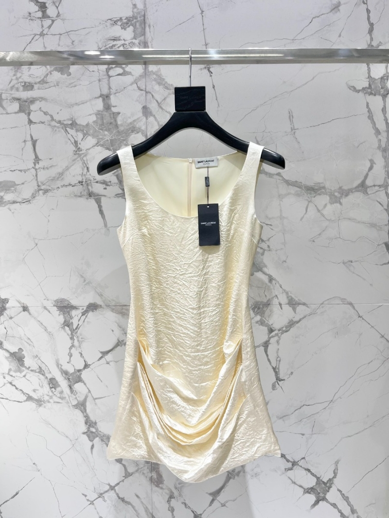 YSL Saint Laurent Irregular U-Neck Sleeveless Draped Dress Champagne