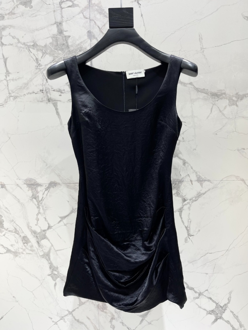 YSL Saint Laurent Irregular U-Neck Sleeveless Draped Dress Black
