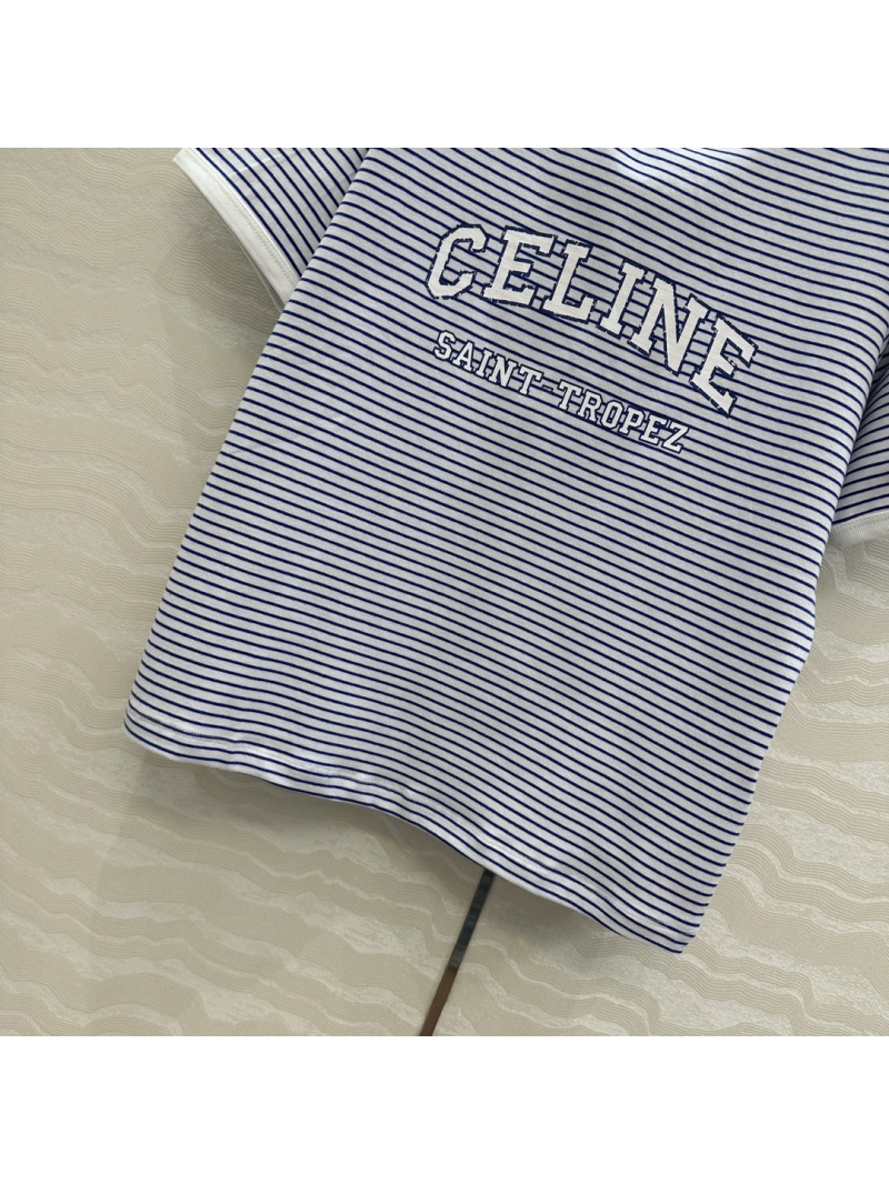 Celine 25SS College Style Blue Striped Cotton T-Shirt
