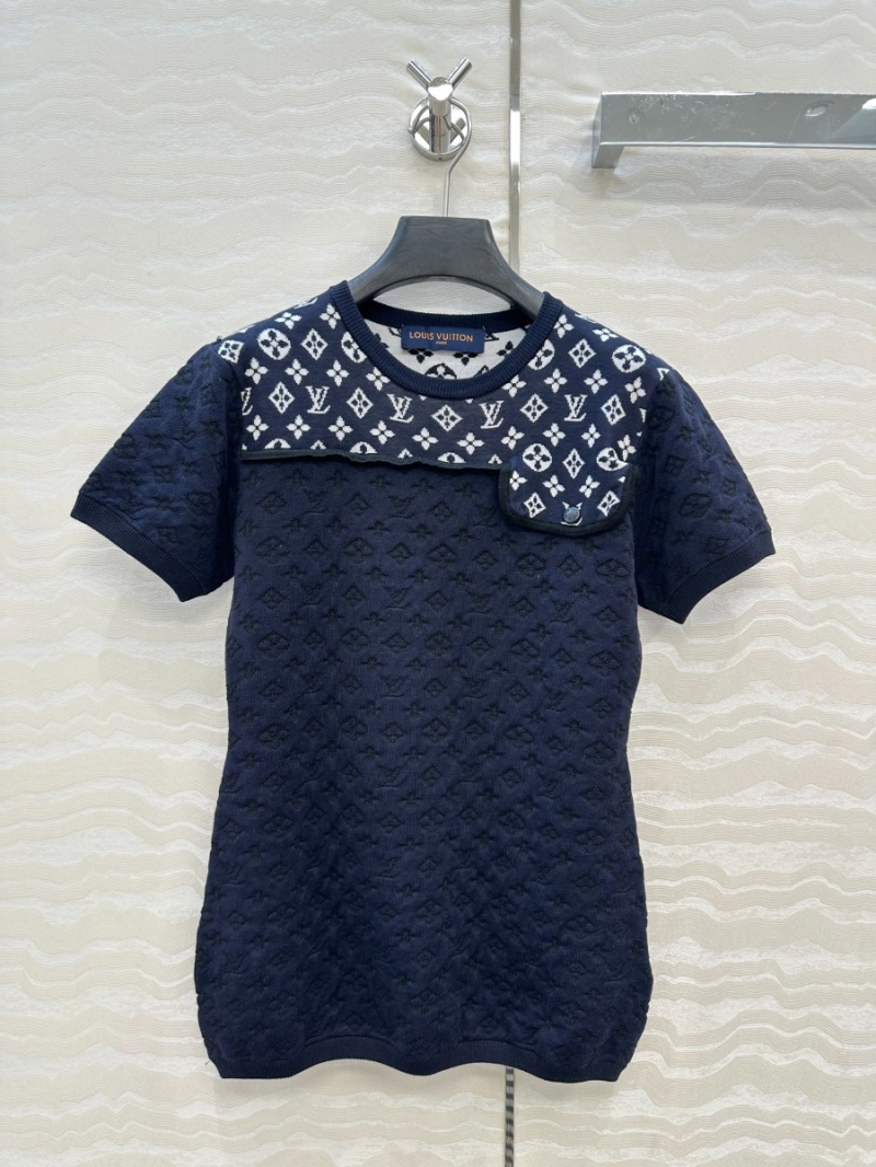 Louis Vuitton LV New Collection Knit Short Sleeve Top in Navy Blue Monogram Jacquard