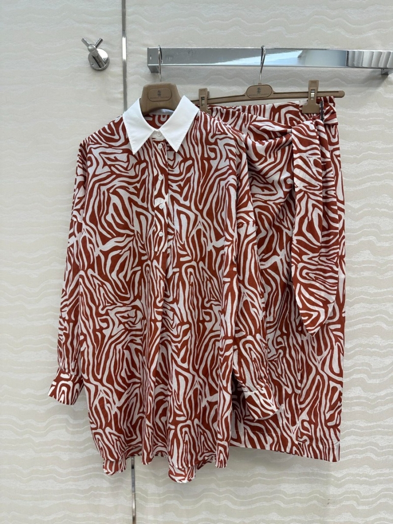Brunello Cucinelli Luxe Zebra Print Poplin Cotton Shirt Dress in Burgundy