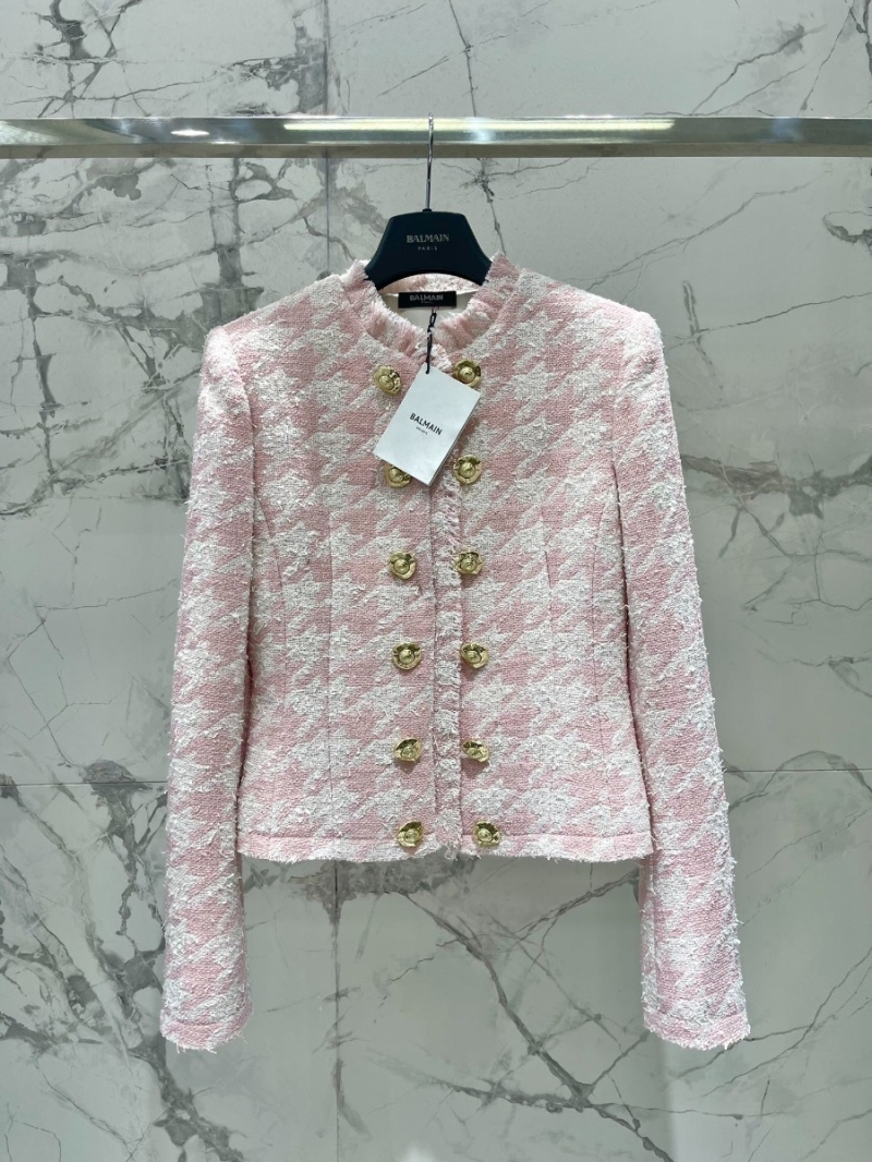 BALMAIN Pink Houndstooth Double-Breasted Tweed Blazer Jacket