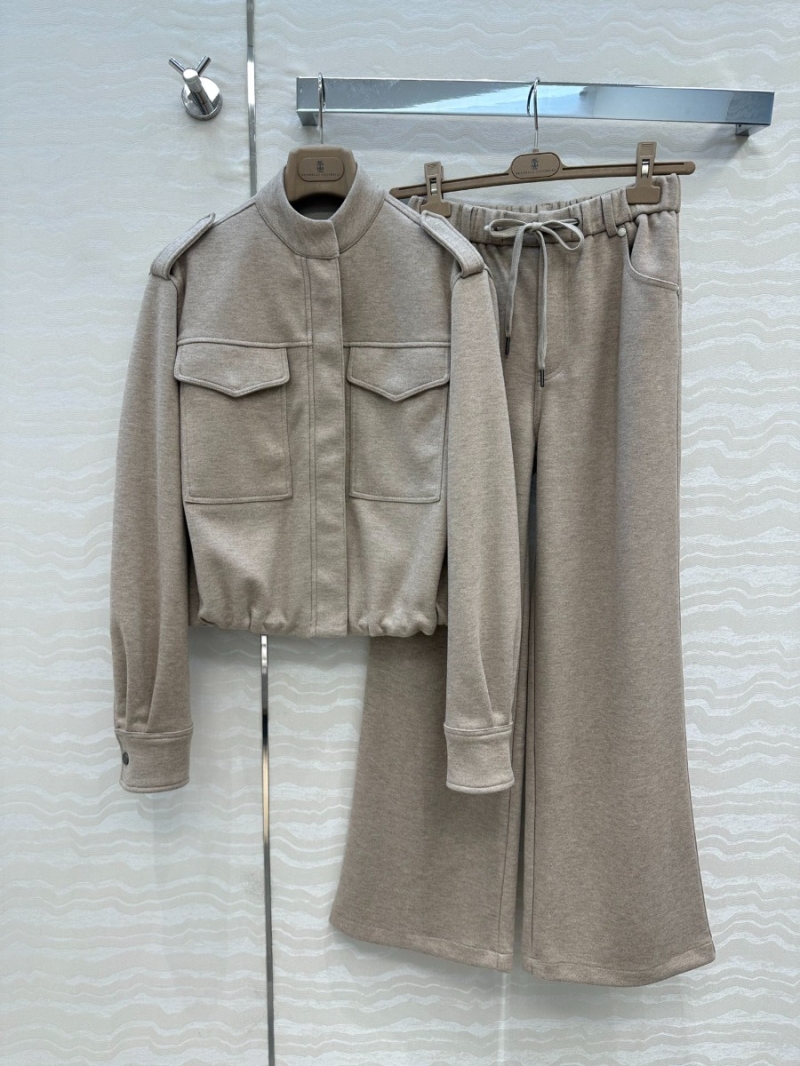 Brunello Cucinelli Women's Military-Inspired Cropped Jacket | Soft Taupe | Boxy Silhouette, Epaulets, Ribbed Cuffs | Luxe Wool Blend