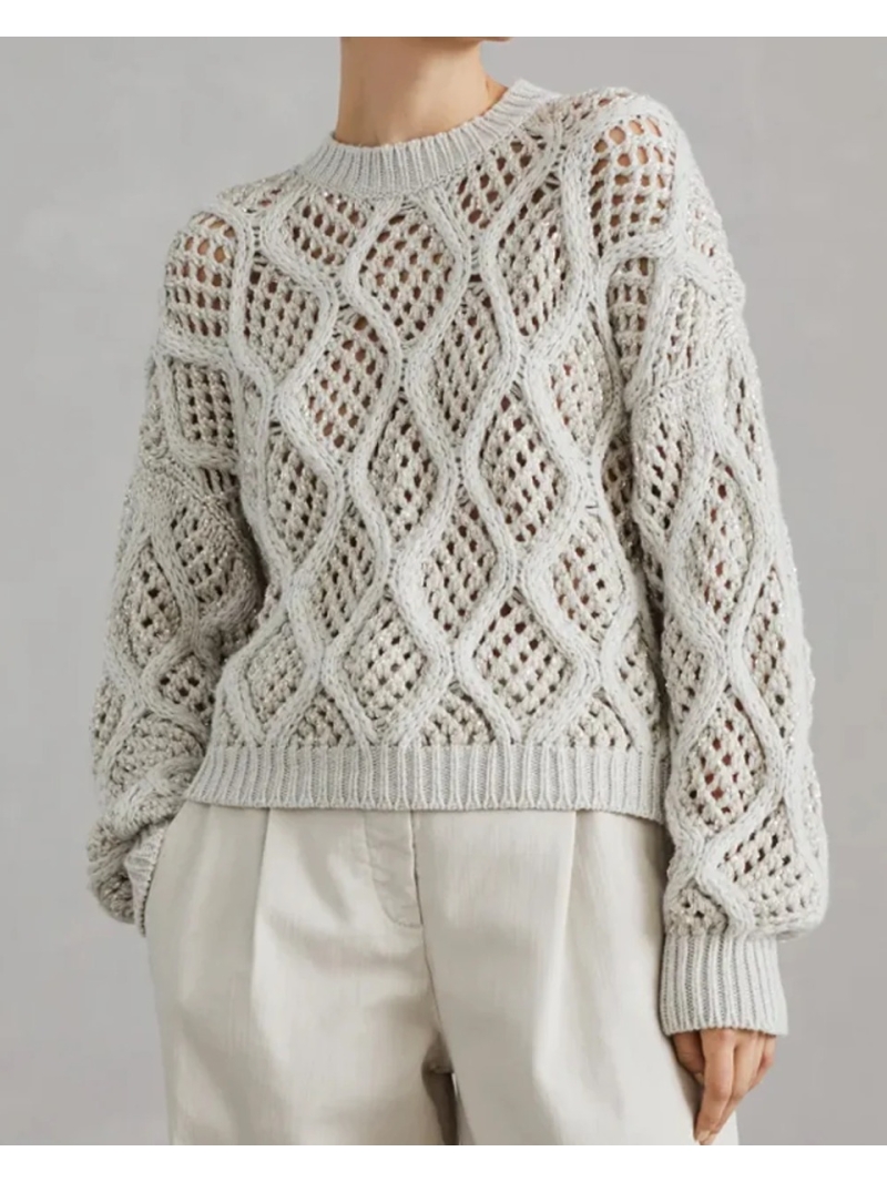 Brunello Cucinelli Pearl Grey Paillette Cable Knit Cashmere Sweater